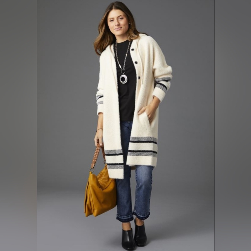 NWT - Coco & Carmen Flora Hooded Cardigan/Sweater Coat with stripe detail.